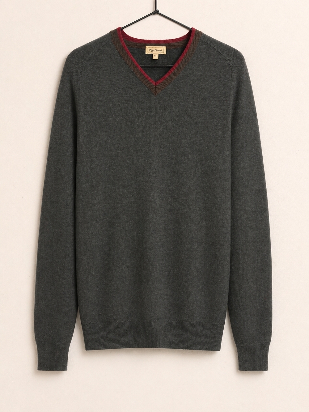 Paul Stuart Men's Charcoal Green Sweater with Burgundy Trim,Size XL(closer L)